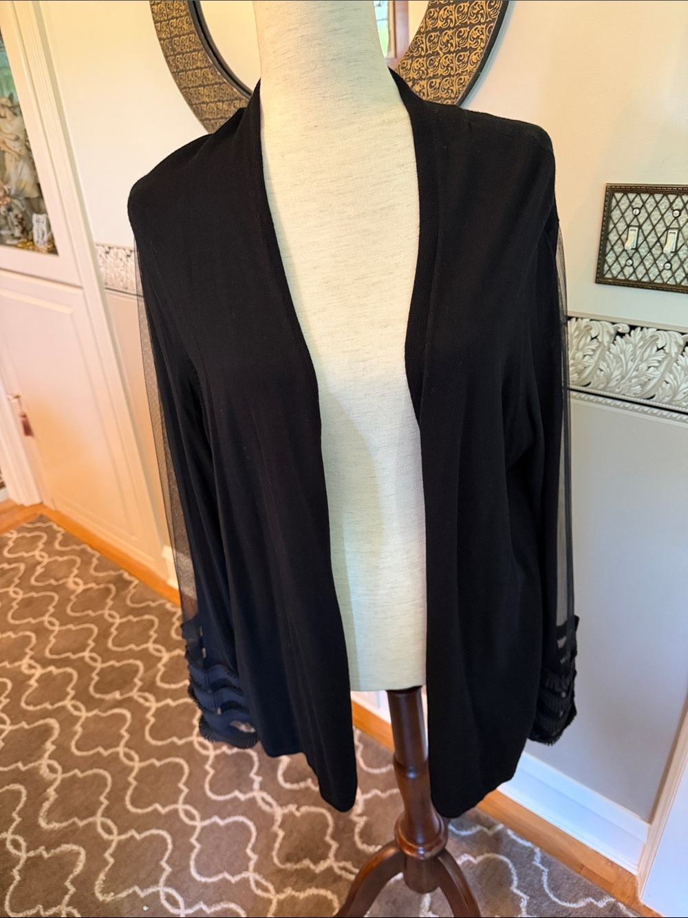 NEW Alfani Black Women's Cardigan with sheer sleeves and trim not worn see pics